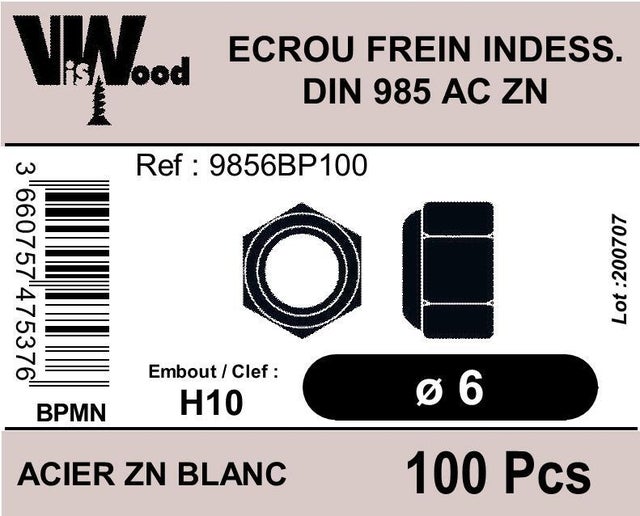 Écrous indessérables DIN985 acier zingué M6 100 pièces - VISWOOD