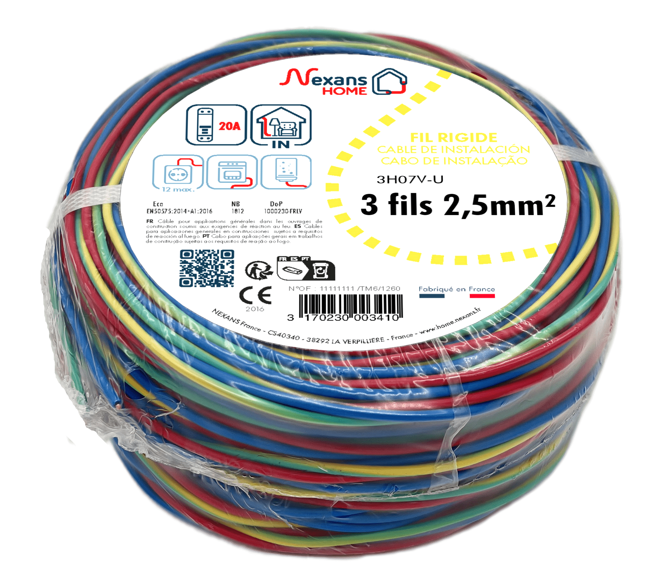 Fil électrique 2.5 mm² h07vu L.25 m, rouge / bleu / vert - jaune - 3