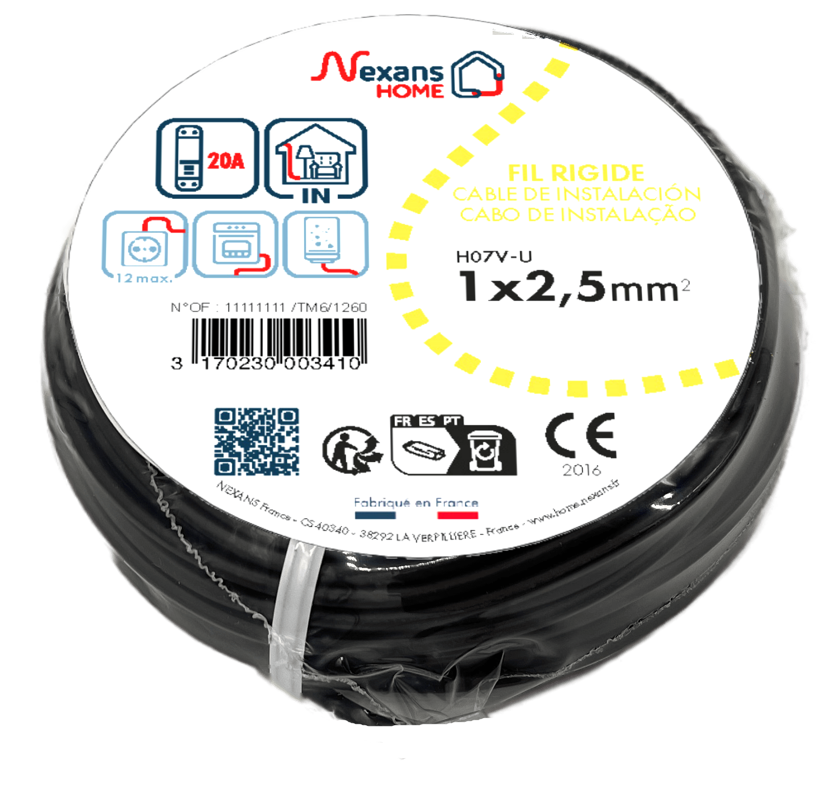 Fil électrique 2.5 mm² h07vu, en couronne de 25M noir - 3