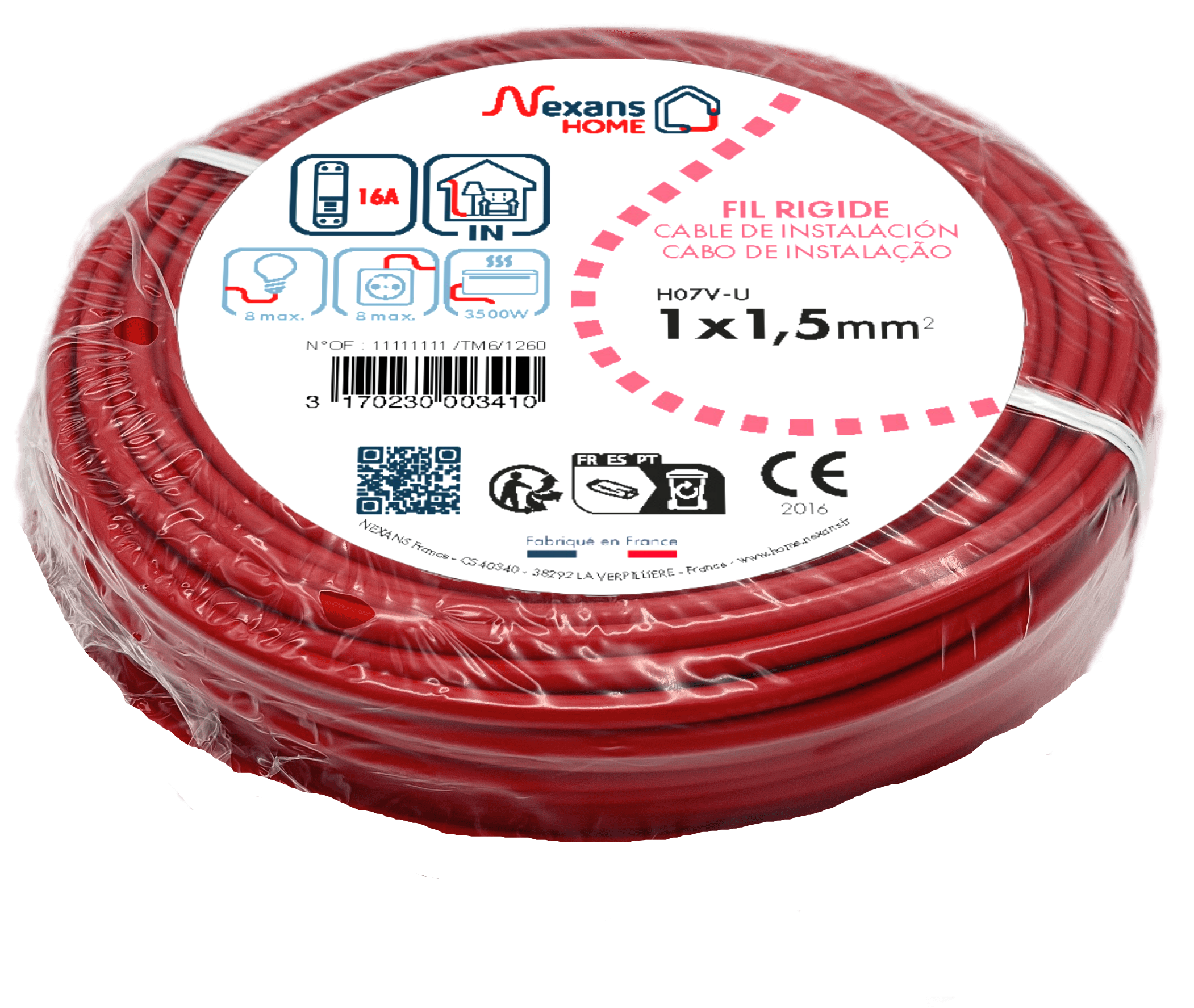Fil électrique 1.5 mm² h07vu, en couronne de 25M rouge - 3
