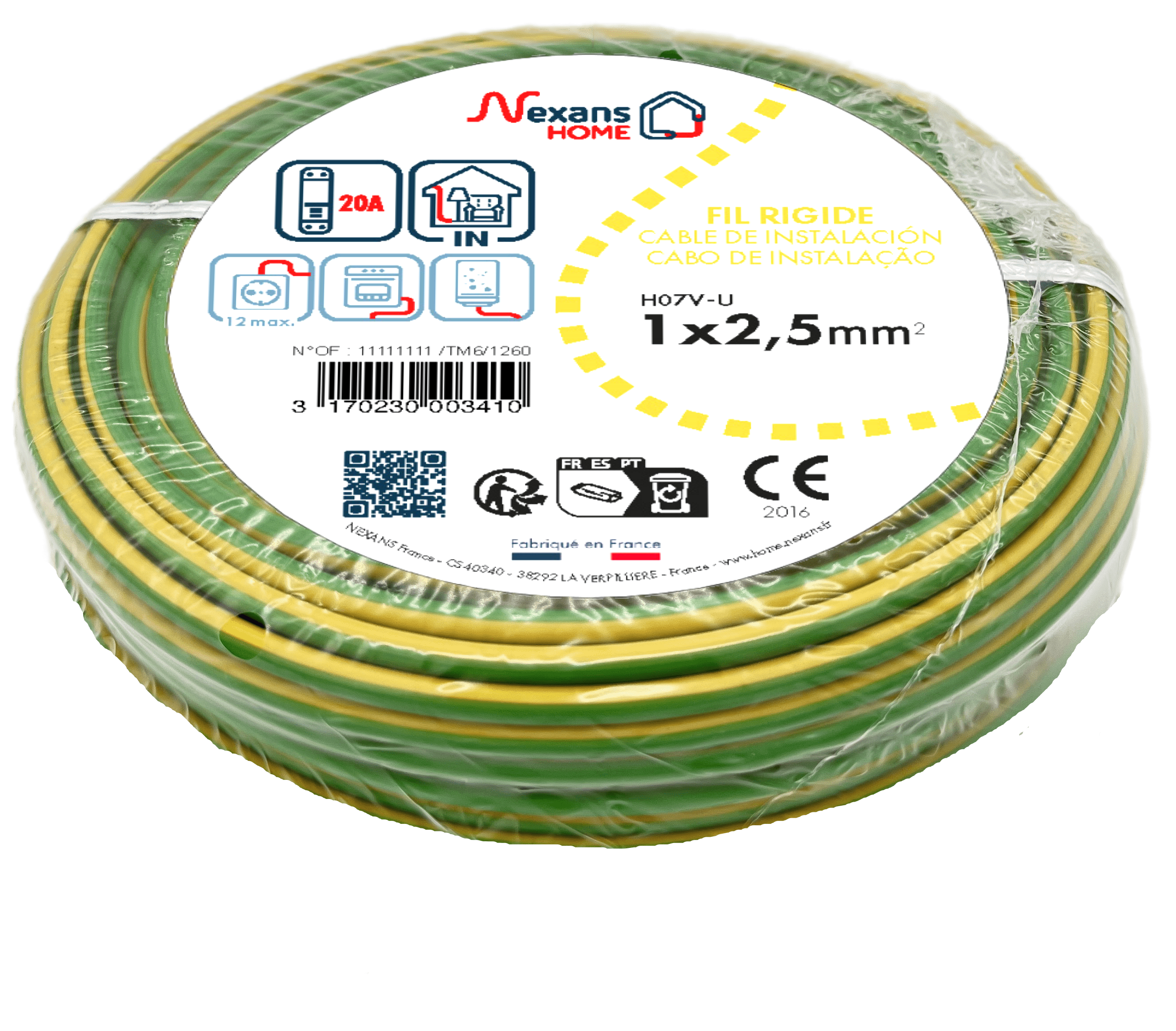Fil électrique 2.5 mm² h07vu L.10 m, vert / jaune - 3