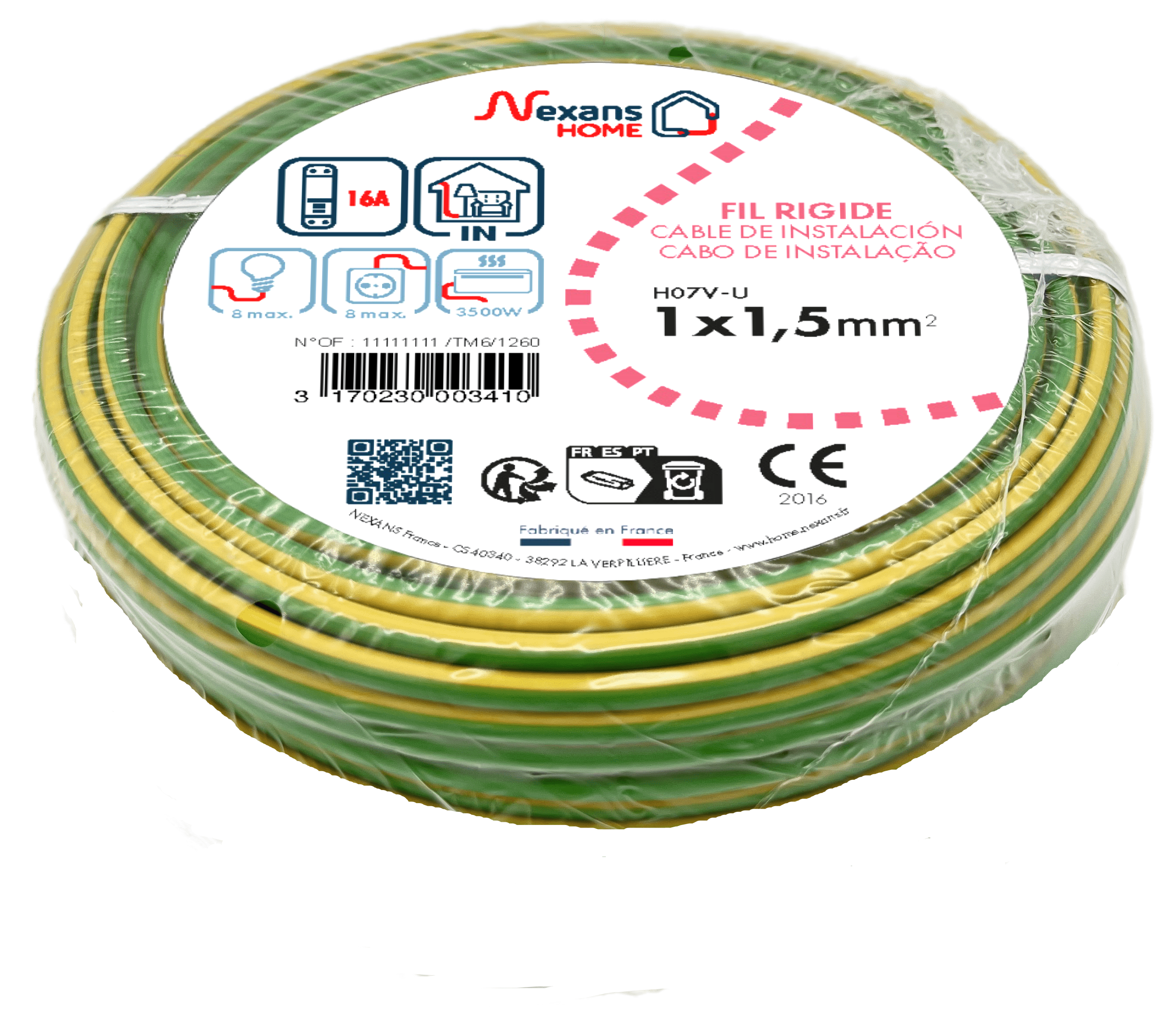 Fil électrique 1.5 mm² h07vu, en couronne de 10M vert / jaune - 3