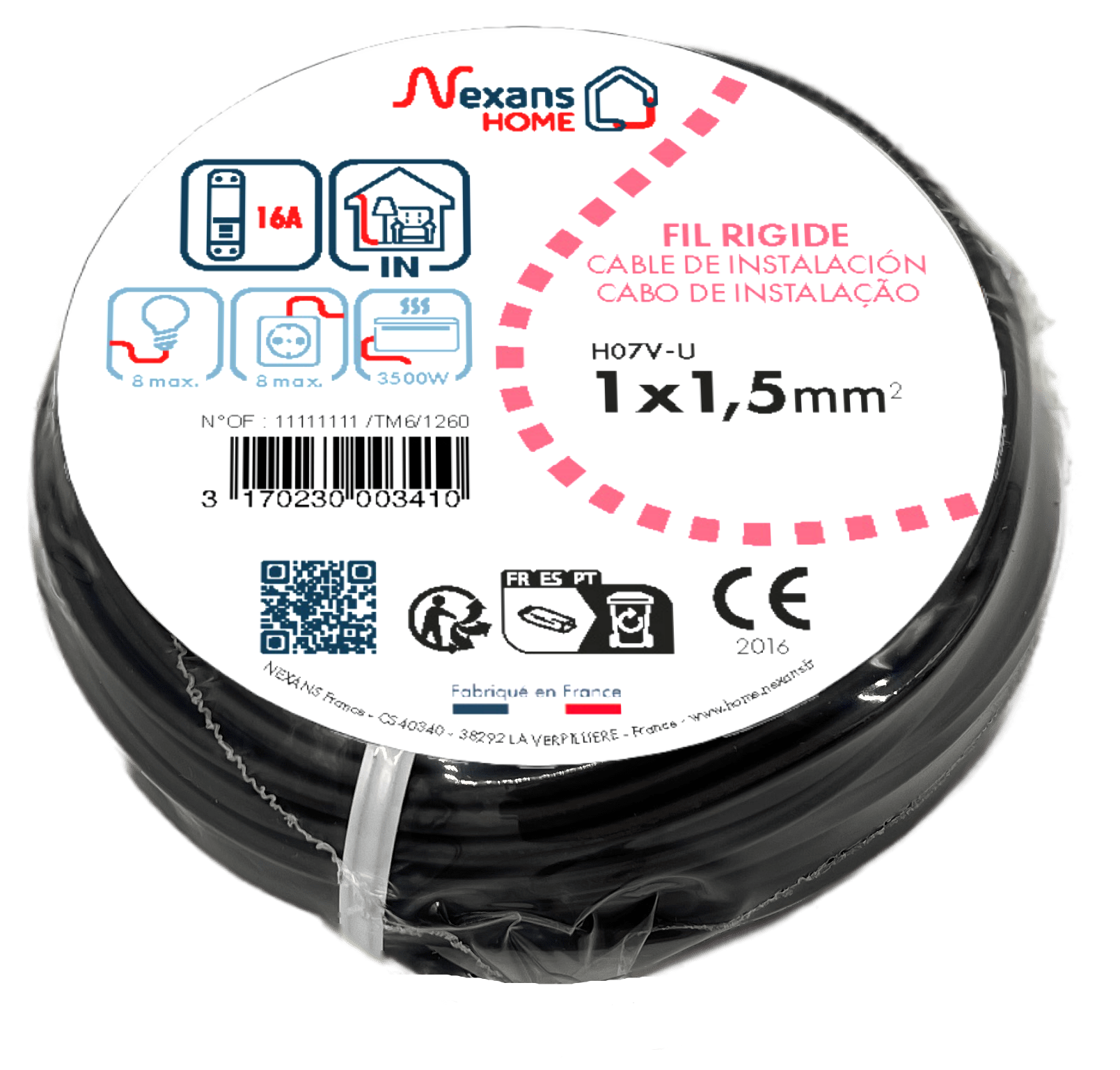 Fil électrique 1.5 mm² h07vu, en couronne de 25M noir - 3