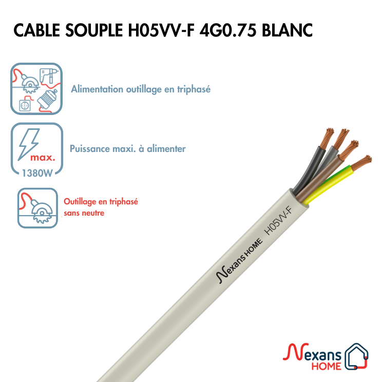 Câble électrique 4 G 0.75 mm² h03vvf à la coupe, blanc - 2