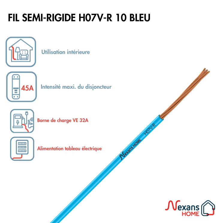 Fil électrique 10 mm² h07vr, à la coupe, bleu - 2