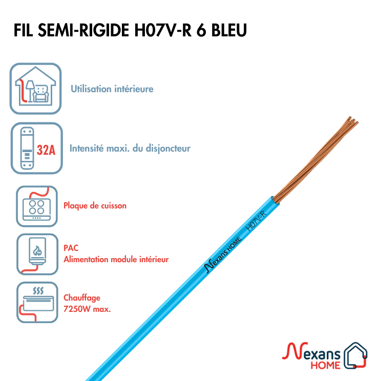 Fil électrique 6 mm² h07vr, en couronne de 50M bleu - 2
