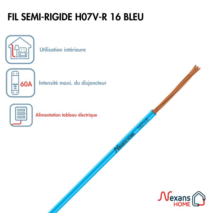 Fil électrique 16 mm² h07vr, à la coupe, bleu - 2