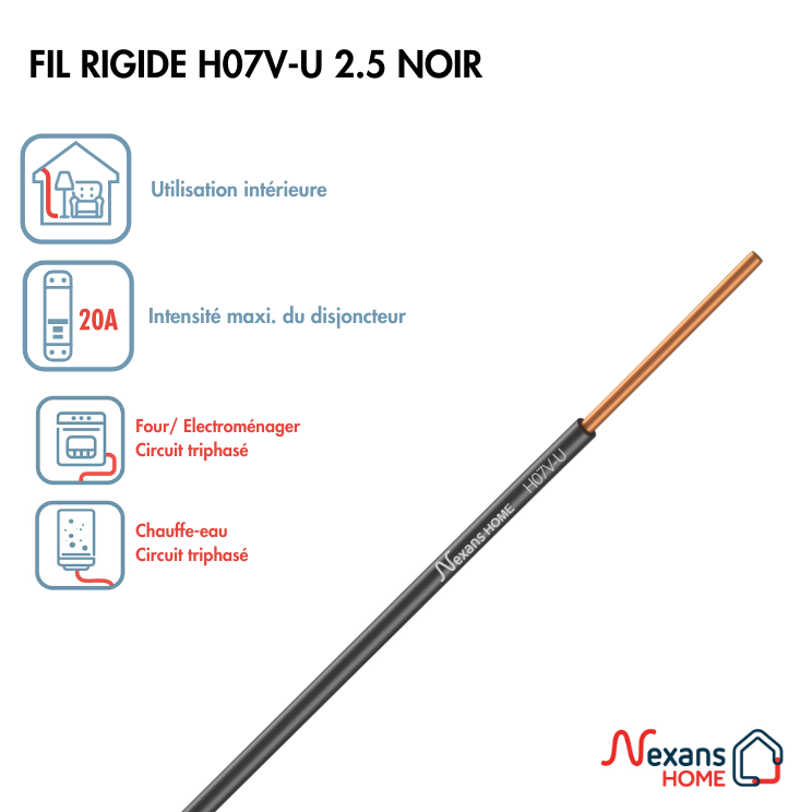 Fil électrique 2.5 mm² h07vu, en couronne de 25M noir - 2