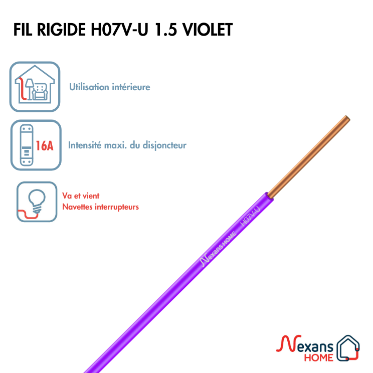 Fil électrique 1.5 mm² h07vu, en couronne de 10M violet - 2
