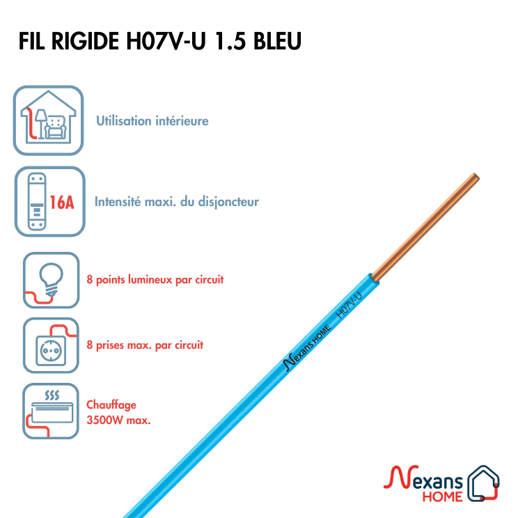 Fil électrique 1.5 mm² h07vu, en couronne de 5M bleu - 2
