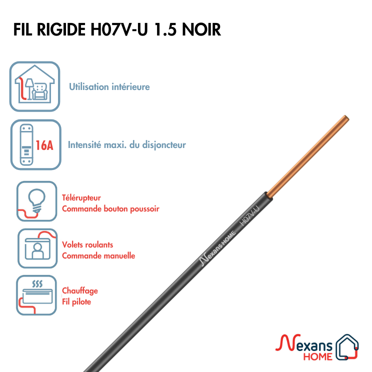 Fil électrique 1.5 mm² h07vu, en couronne de 25M noir - 2