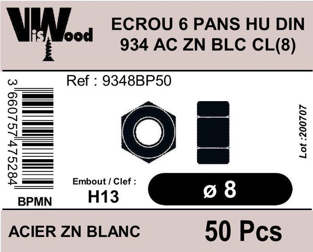 Écrous hexagonaux DIN934 zingué M8 50 pièces - VISWOOD