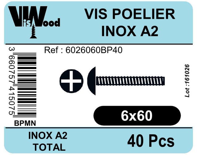 Vis poêlier inox A2 Diam. 6 x 60 mm Boîte de 40 - VISWOOD