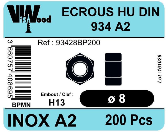 Écrous hexagonaux DIN934 inox A2 Diam. 8 mm Boîte de 200 - VISWOOD