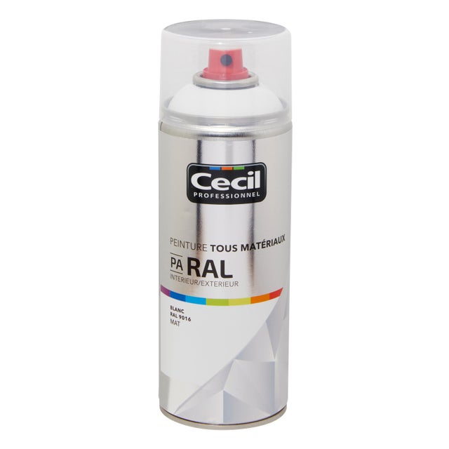 Peinture aérosol tous matériaux int/ext blanc mat RAL9016 400 ml - CECIL PRO