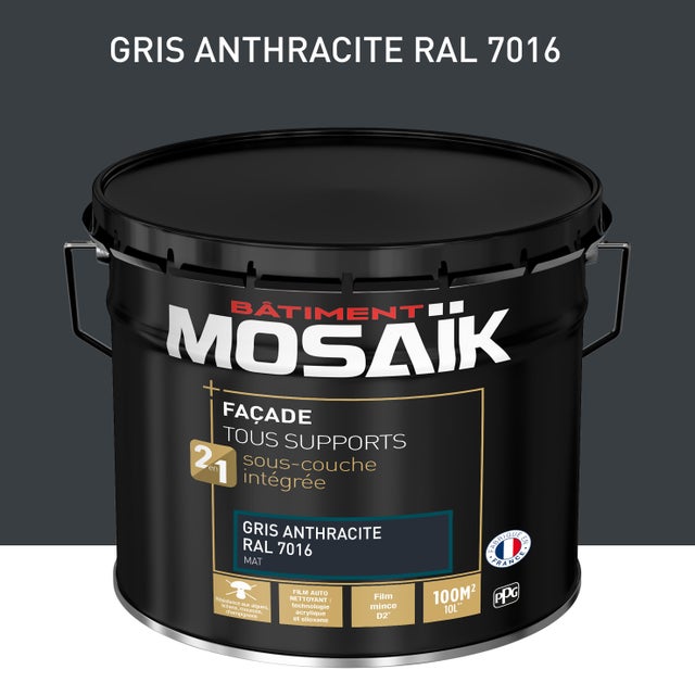 Peinture extérieure façade D2 tous supports 2 en 1 mat gris anthracite RAL 7016 10 L - MOSAÏK