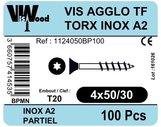 Vis bois inox A2 Diam. 4 x 50 mm Boîte de 100 - VISWOOD