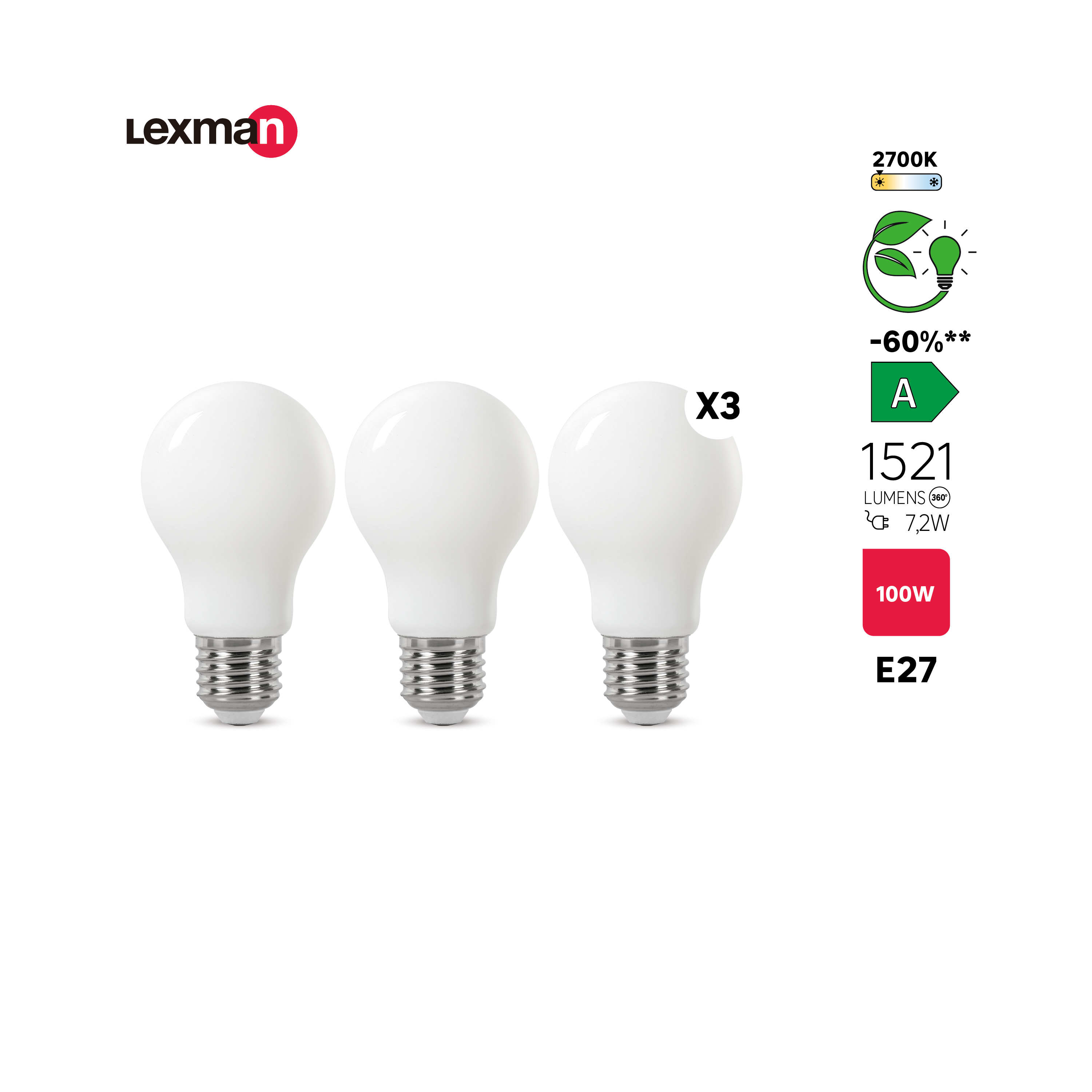 Pack de 3 bombillas LED E27 filamento clase A (mayor ahorro energético) forma estándar 1521 lúmenes 7.2W color de la luz blanco cálido 2700K CRI 89-80 luz natural y fiel - 2