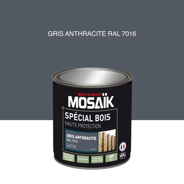 Peinture bois acrylique satin gris anthracite RAL 7016 0,5 L - MOSAÏK