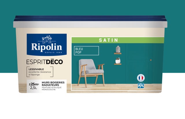 Peinture intérieure multi-supports acrylique satin bleu pop 2,5 L Esprit déco - RIPOLIN