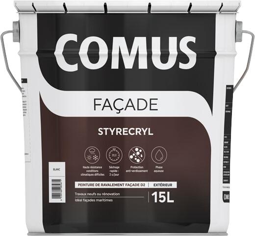 Peinture extérieure façade acrylique D2 blanc 15 L Styrecryl - COMUS 