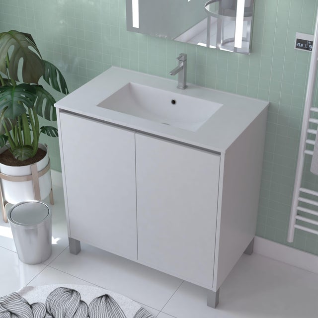 Meuble sous vasque sur pieds 2 portes blanc laqué l.80 x P.45,50 x H.81 cm - ATOS