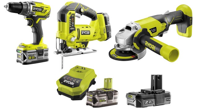 Pack 3 outils sans fil 18v ryobi 2 batteries 5+2ah + perceuse + meuleuse + scie sauteuse 5133003598