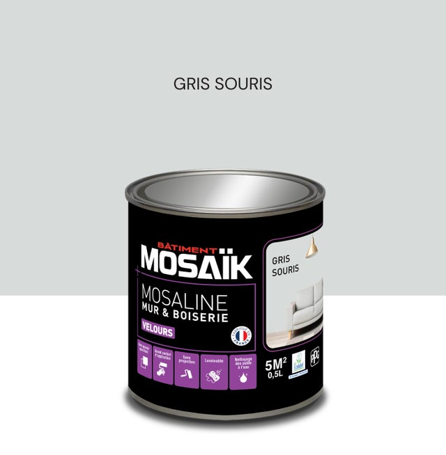 Peinture intérieure multi support acrylique velours gris souris 0,5 L Mosaline - MOSAIK