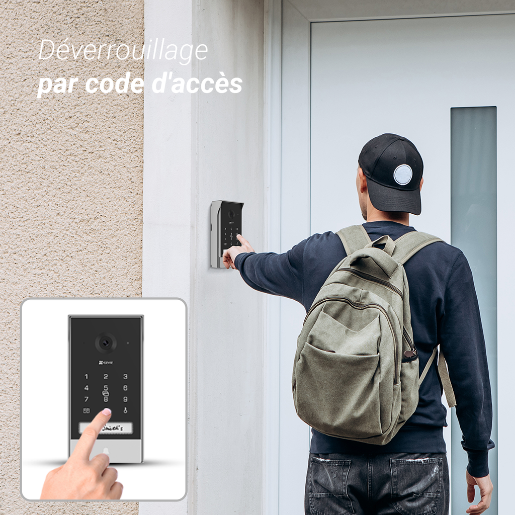 Entrer dans votre maison est maintenant plus rapide et plus facile que vous ne l'imaginez. Il vous suffit d'ouvrir votre porte à l'aide d'une carte RFID connectée ou de saisir un code d'accès à l'aide du clavier. Si vous voulez garder votre poche vide pendant que vous faites de l'exercice, ou si vous êtes accidentellement enfermé à l'extérieur de votre maison, le clavier vous permet d'entrer facilement. Vous pouvez soit leur ouvrir la porte à distance, soit créer des codes d'accès temporaires ou des codes QR scannables qu'ils pourront utiliser sur place. 								
								 - 1