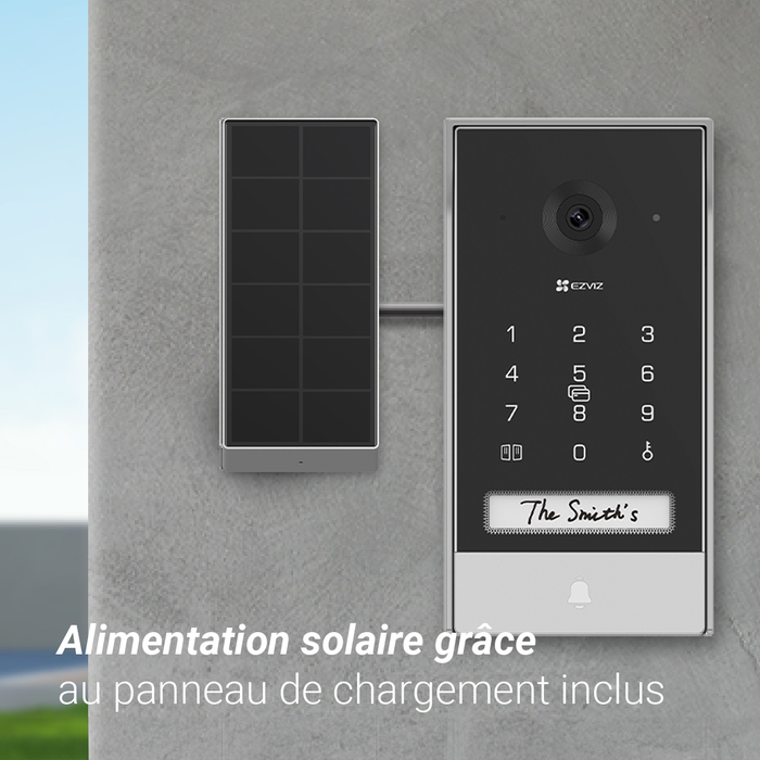 Conçu pour l'extérieur, le visiophone EP7 est prêt non seulement à résister aux intempéries, mais aussi à exploiter la puissance de la nature: Conception résistante aux intempéries IP65, Batterie détachable pour une recharge facile, Panneau solaire inclus pour une énergie verte continue. 