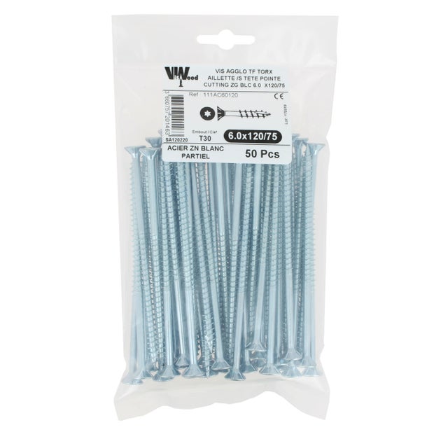 Vis bois acier zingué Diam. 6 x 120 mm Boîte de 50 - VISWOOD