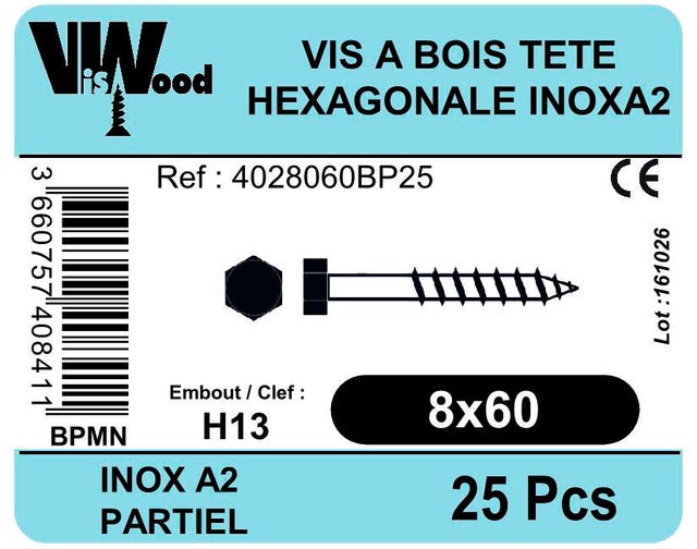 Tirefond bois inox A2 Diam. 8 x 60 mm Boîte de 25 - VISWOOD