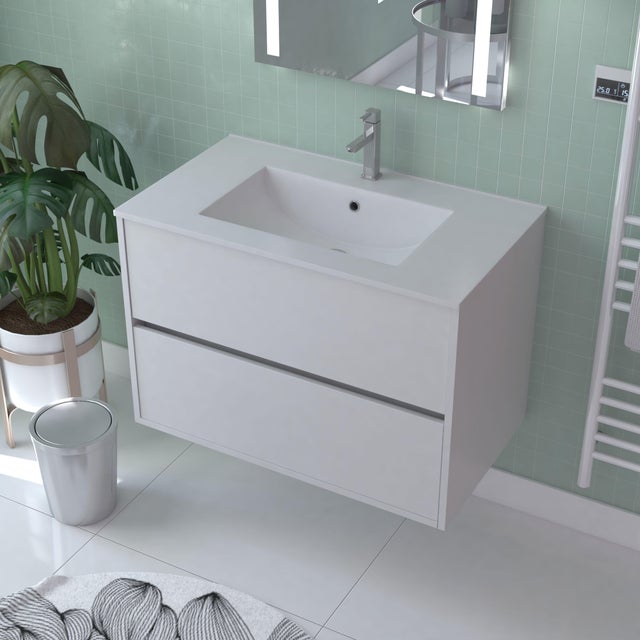 Meuble sous vasque suspendu 2 tiroirs blanc laqué l.80 x P.45,50 x H.54 cm - ATOS