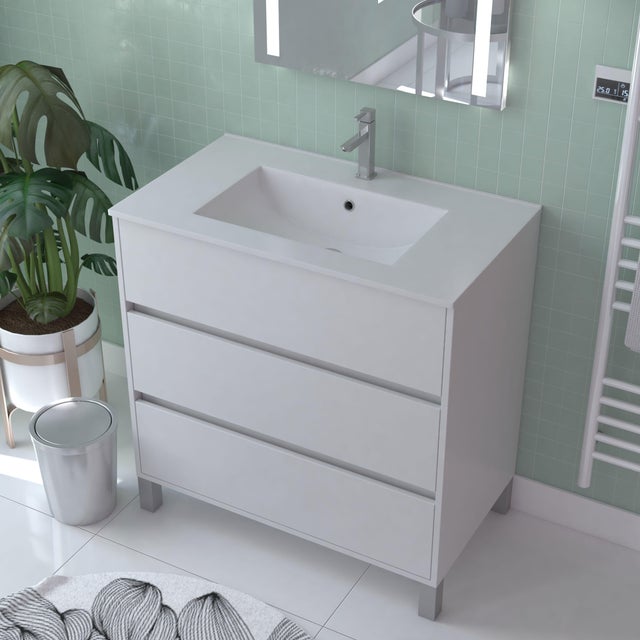 Meuble sous vasque sur pieds 3 tiroirs blanc laqué l.80 x P.45,50 x H.81 cm - ATOS