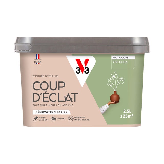 Peinture intérieure multi-support acrylique mat poudré vert lichen 2,5 L Coup d'éclat - V33