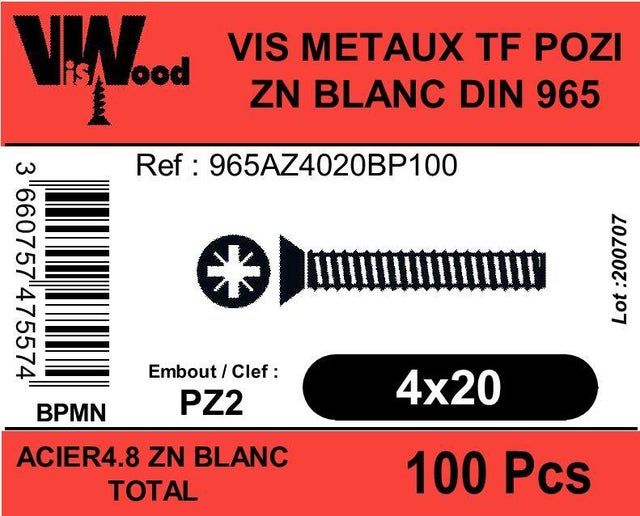 Vis métal Diam.4 mm tête fraisée Boîte de 100 - VISWOOD