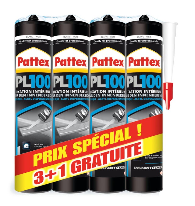 Lot de 4 colles de montage extra forte 380 g blanc PL100 high tack - PATTEX