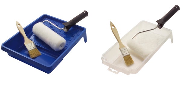 Kit à peindre : 1 rouleau avec manchon polyester Long.180mm + 1 rouleau patte de lapin avec manchon + 2 bacs + 2 pinceaux plats N°30 et N°50 pour toutes surfaces - KENSTON