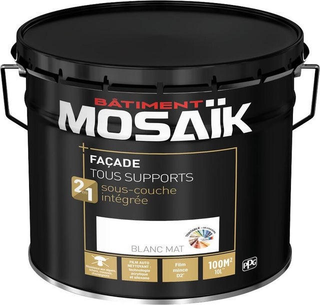 Peinture extérieure façade D2 tous supports 2 en 1 mat blanc 10 L - MOSAÏK