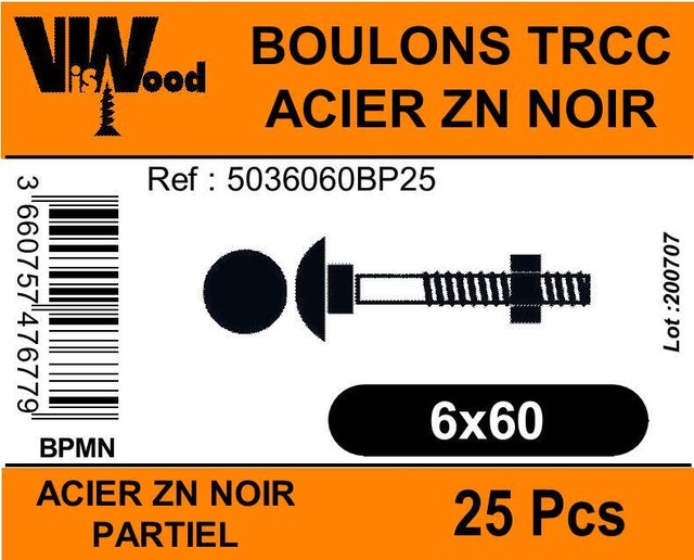 Boulon bois acier zingué Diam. 6 x 60 mm Boîte de 25 - VISWOOD