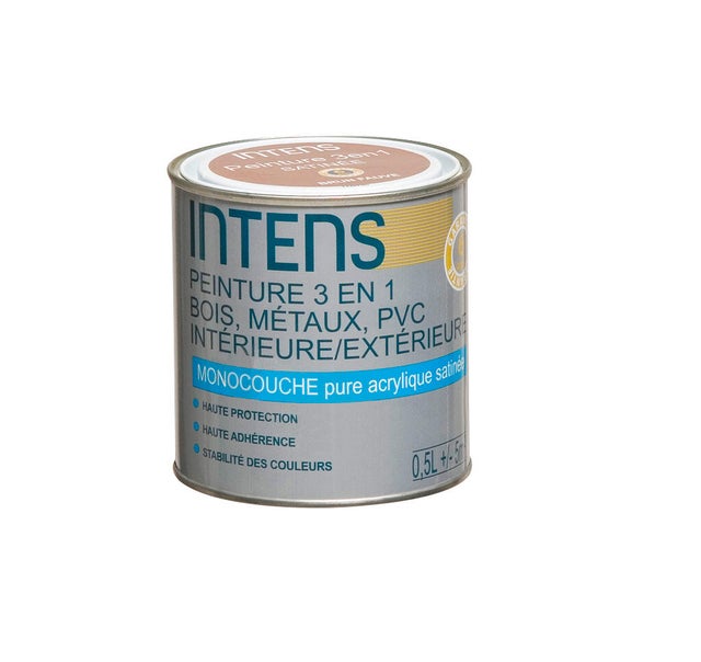 Peinture 3en1 PVC, bois fer acrylique satin gentiane 0,5 L - INTENS