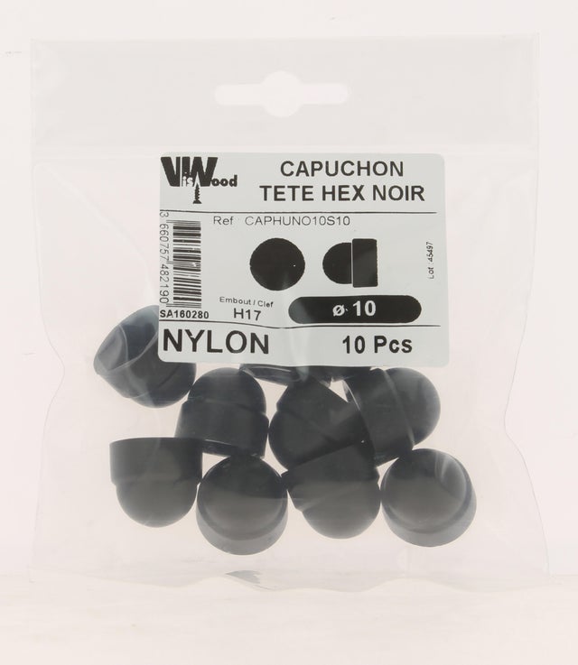 Cache écrou hexagonaux nylon noir Diam. 10 mm 10 pièces - VISWOOD
