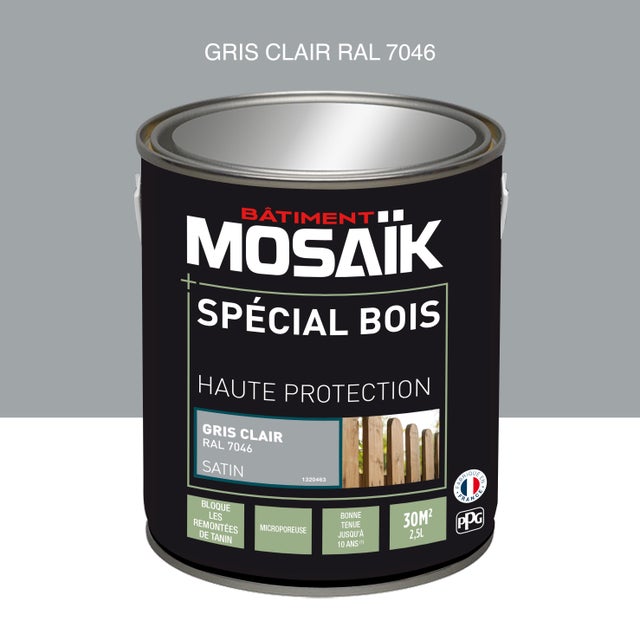 Peinture bois acrylique satin gris clair RAL 7035 2,5 L - MOSAÏK