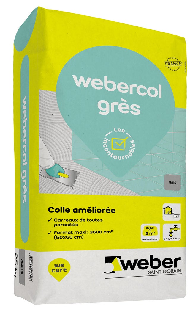 Colle carrelage en poudre gris C2 pour sol intérieur & extérieur et mur intérieur 25 kg - Webercol grès WEBER
