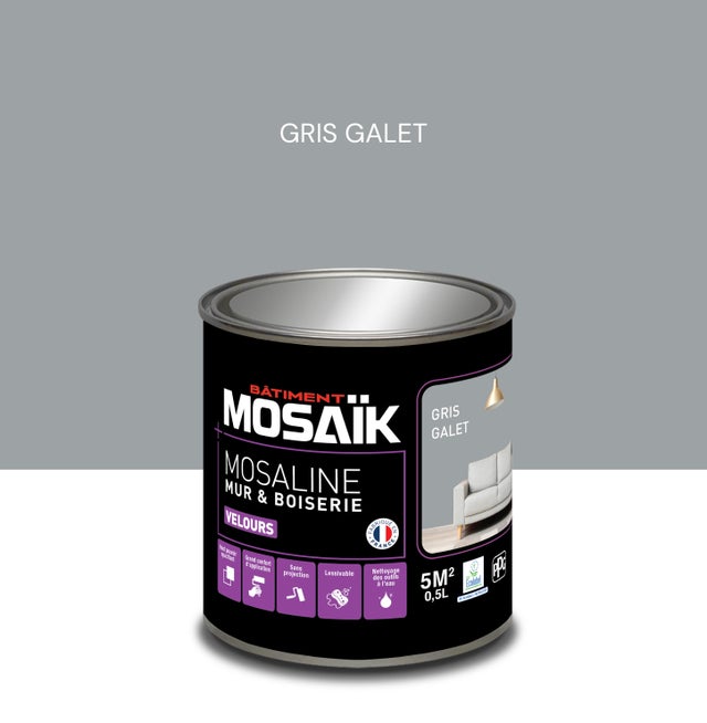 Peinture intérieure multi support acrylique velours gris galet 0,5 L Mosaline - MOSAIK