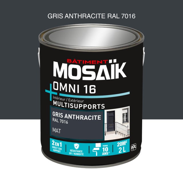 Peinture 2en1 int./ext. multisupport acrylique mat gris antracite RAL7016 2 L OMNI16 - MOSAIK