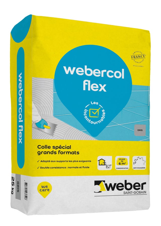 Colle carrelage en poudre gris C2S1ET pour sol et mur intérieur & extérieur 25 kg - Webercol flex WEBER