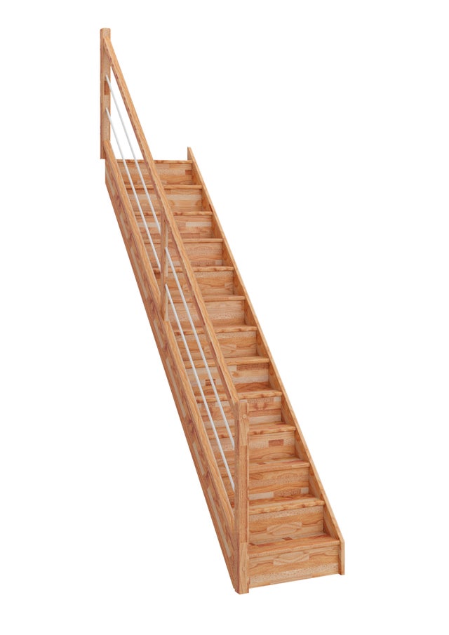 Escalier droit en hêtre avec contremarches et rampe à tubes à gauche Larg.76 cm - GIMM