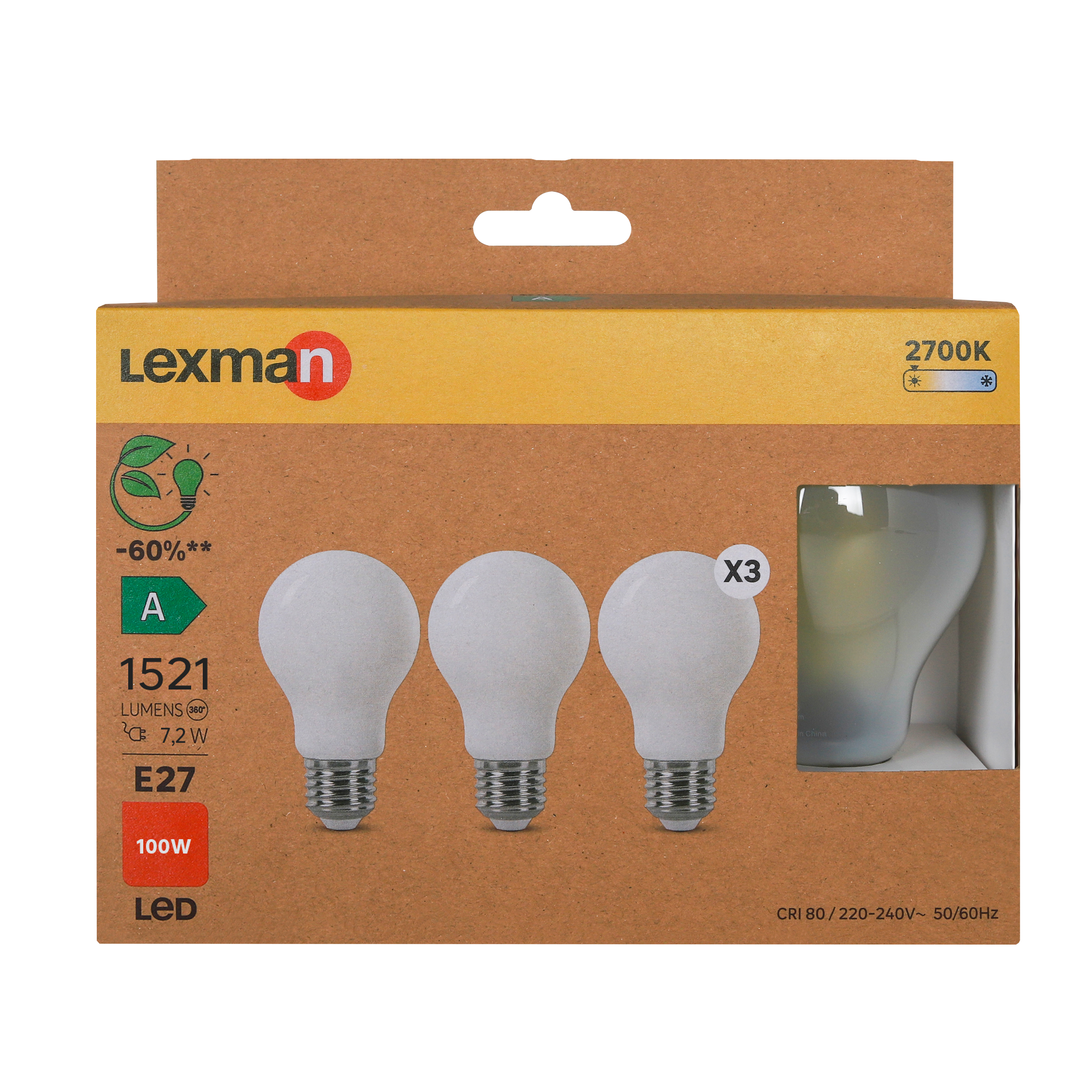 Pack de 3 bombillas LED E27 filamento clase A (mayor ahorro energético) forma estándar 1521 lúmenes 7.2W color de la luz blanco cálido 2700K CRI 89-80 luz natural y fiel - 4