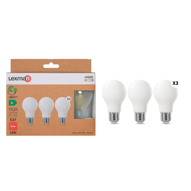 Pack de 3 bombillas filamento E27 estándar 1521 lm blanco neutro transparente